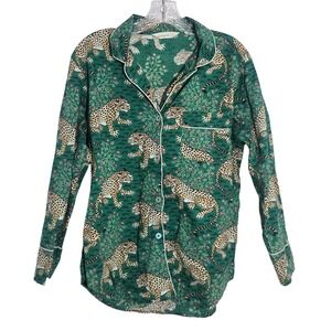 Printfresh S Women Green Leopard Jungle Pajama Top Cotton Long Sleeve Button Up